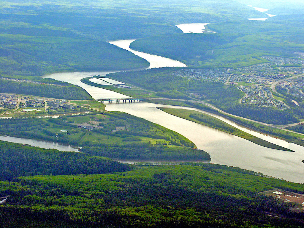 View of the Athabasca River and bridge at Fort McMurray